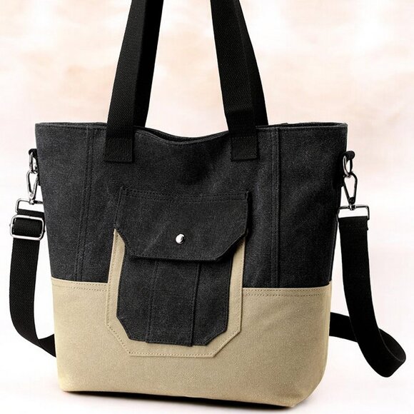 Canvas Tote Bag for Women Small Handbag with Zipper Shoulder - Black - Picture 2 of 9